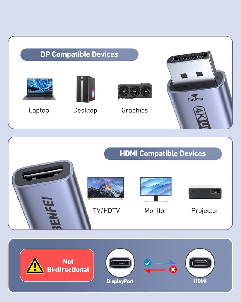 Benfei محول DisplayPort 4K إلى HDMI حزمة 2، أحادي الاتجاه DP 1.2 كمبيوتر إلى شاشة HDMI 1.4 محول ذكر إلى أنثى - متوافق مع اللابتوب، الكمبيوتر المكتبي، الشاشة، HDTV، رسومات AMD/NVIDIA - Image 3